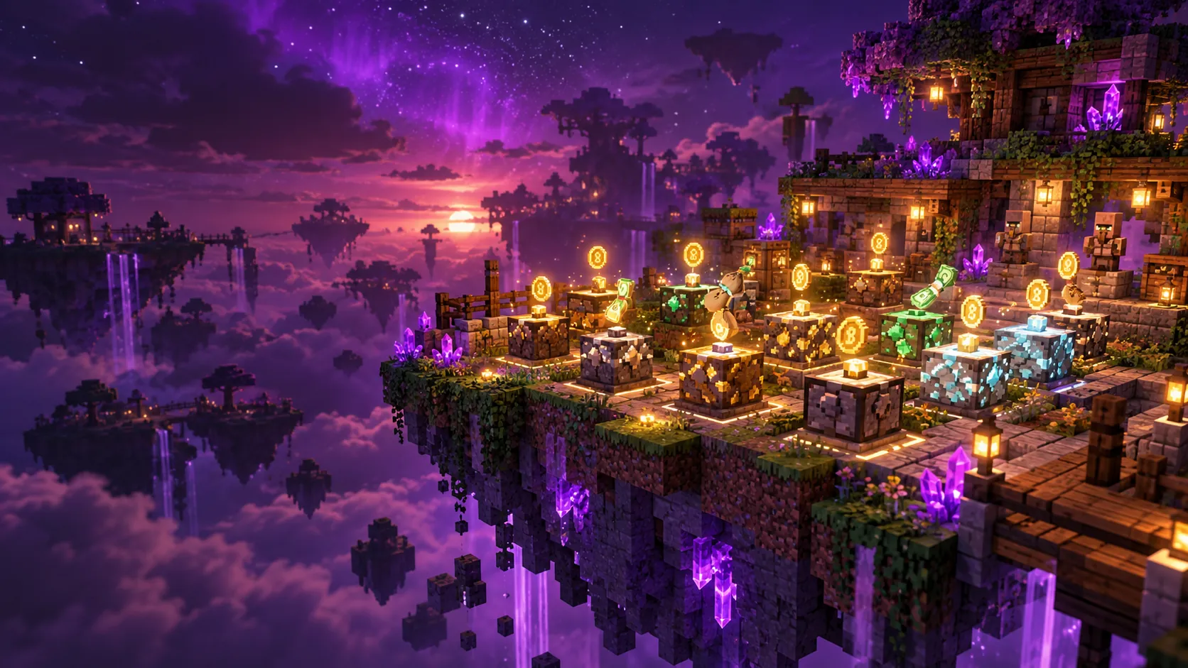 Floating sky island at dusk with rows of glowing generators dropping coins