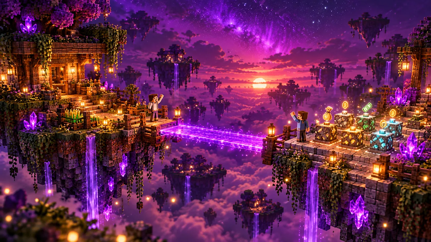 Two floating islands joined by a glowing bridge, with players waving to each other