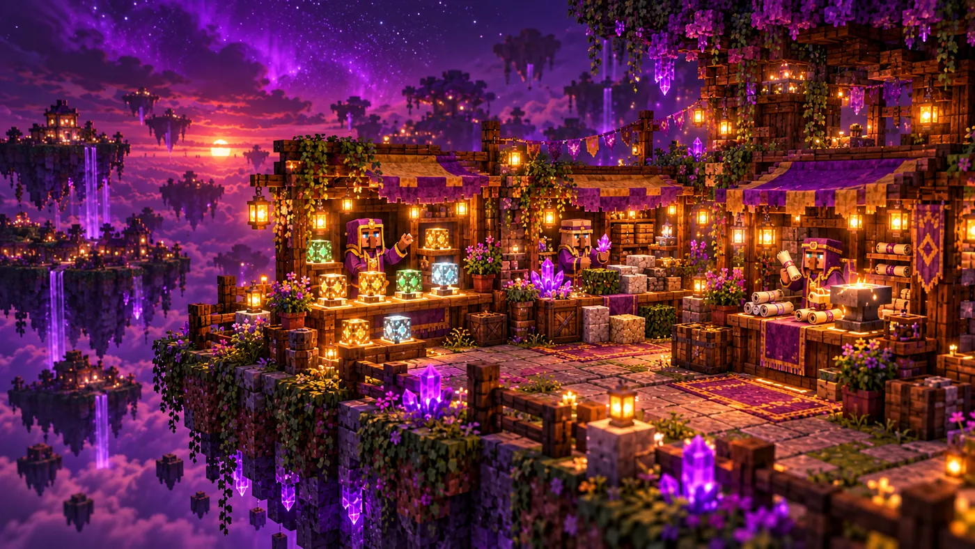 Merchant stalls on a floating island selling generators, blocks and upgrades