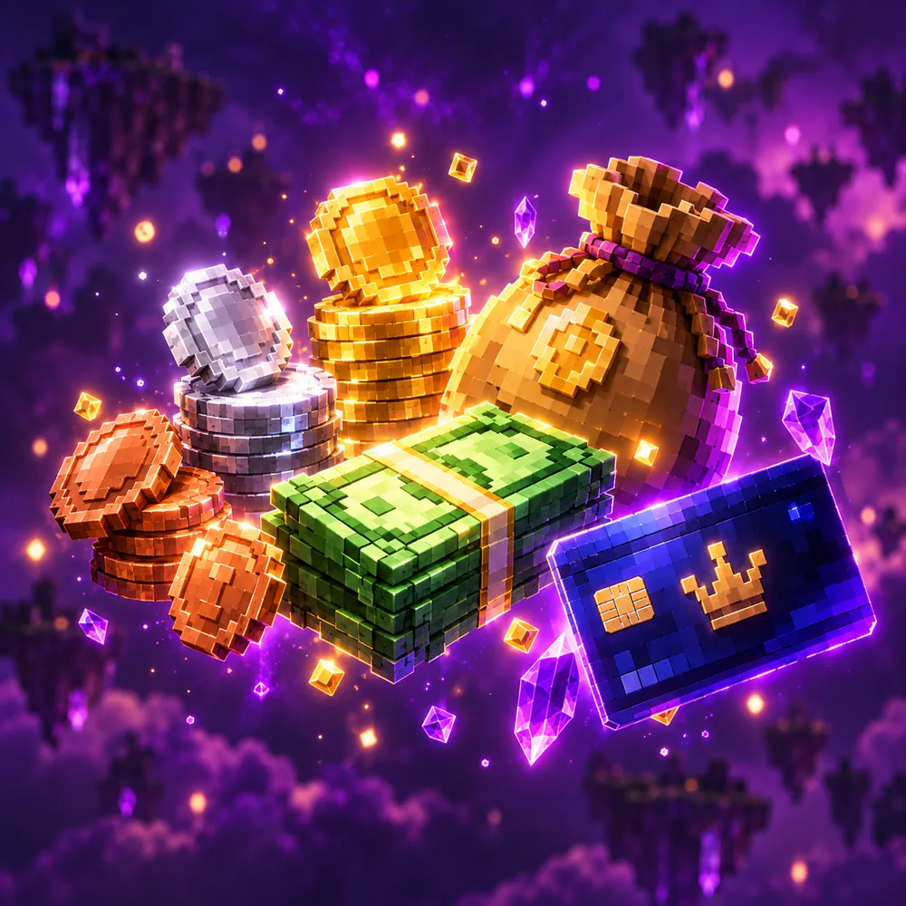 Bronze, silver and gold coins, banknotes, a money bag and a credit card floating on purple