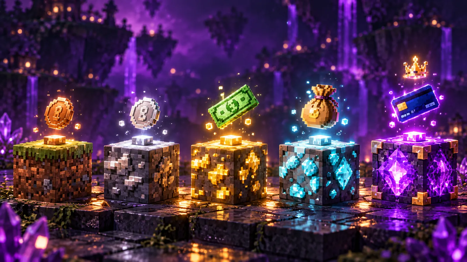 Five generator blocks in a row, each dropping a more valuable item